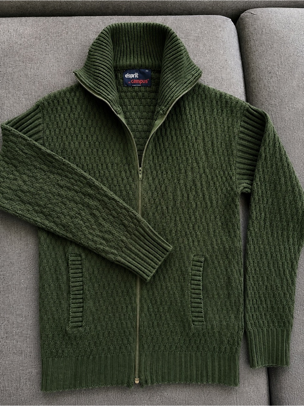 Vintage Esprit by Campus Olive Green Textured Full Zip Sweater Women S cardigan